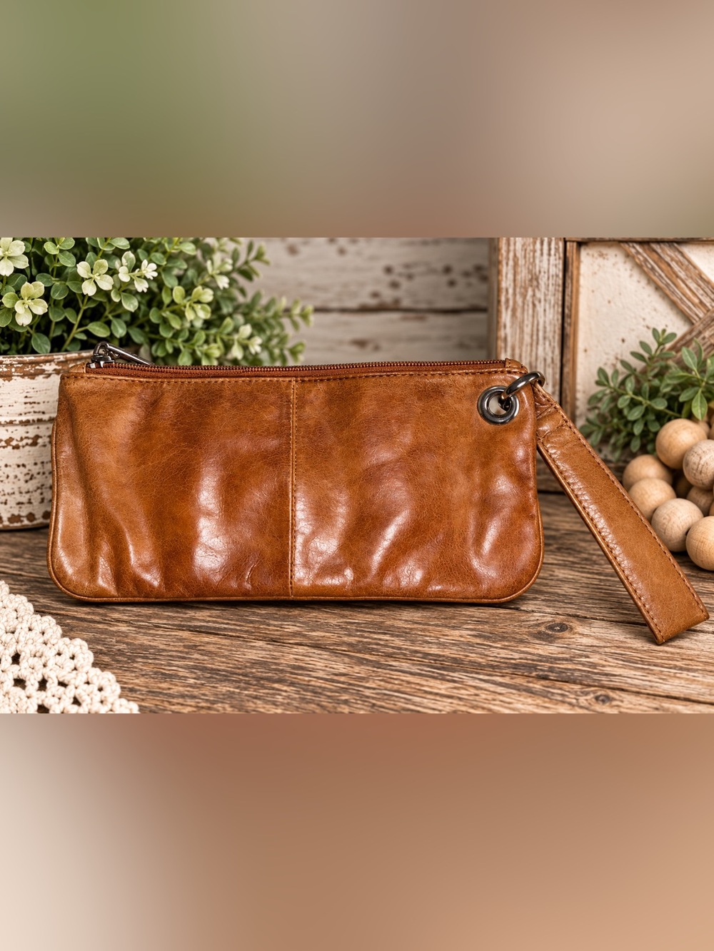 HOBO International Brown Leather Wristlet Clutch Distressed Vintage Look